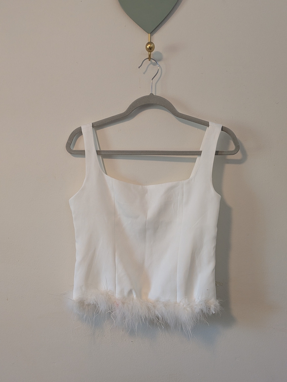 White Feather Trim Square Neck Tank Top